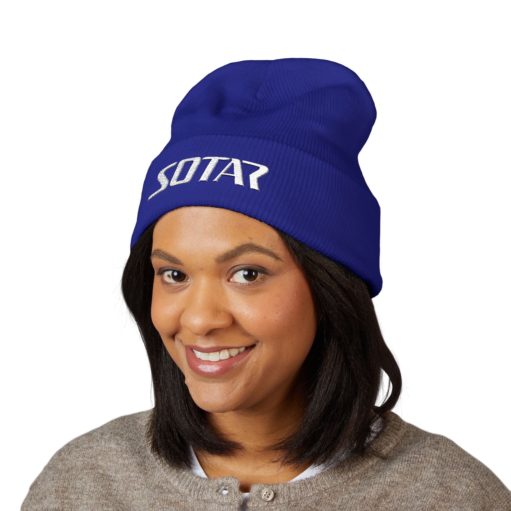 SOTAR White Logo Cuffed Beanie with Embroidery, Unisex Winter Hat