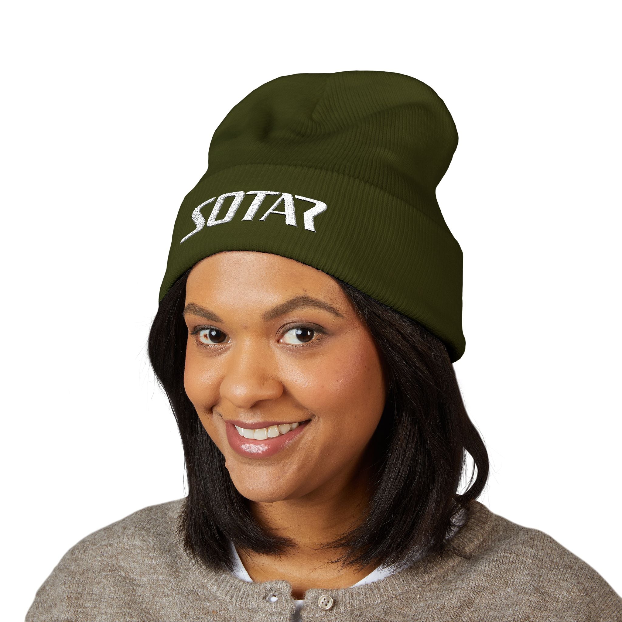 SOTAR White Logo Cuffed Beanie with Embroidery, Unisex Winter Hat