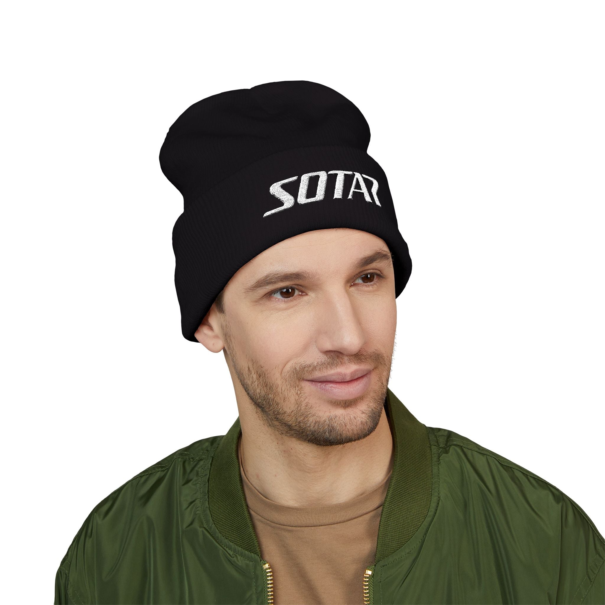 SOTAR White Logo Cuffed Beanie with Embroidery, Unisex Winter Hat