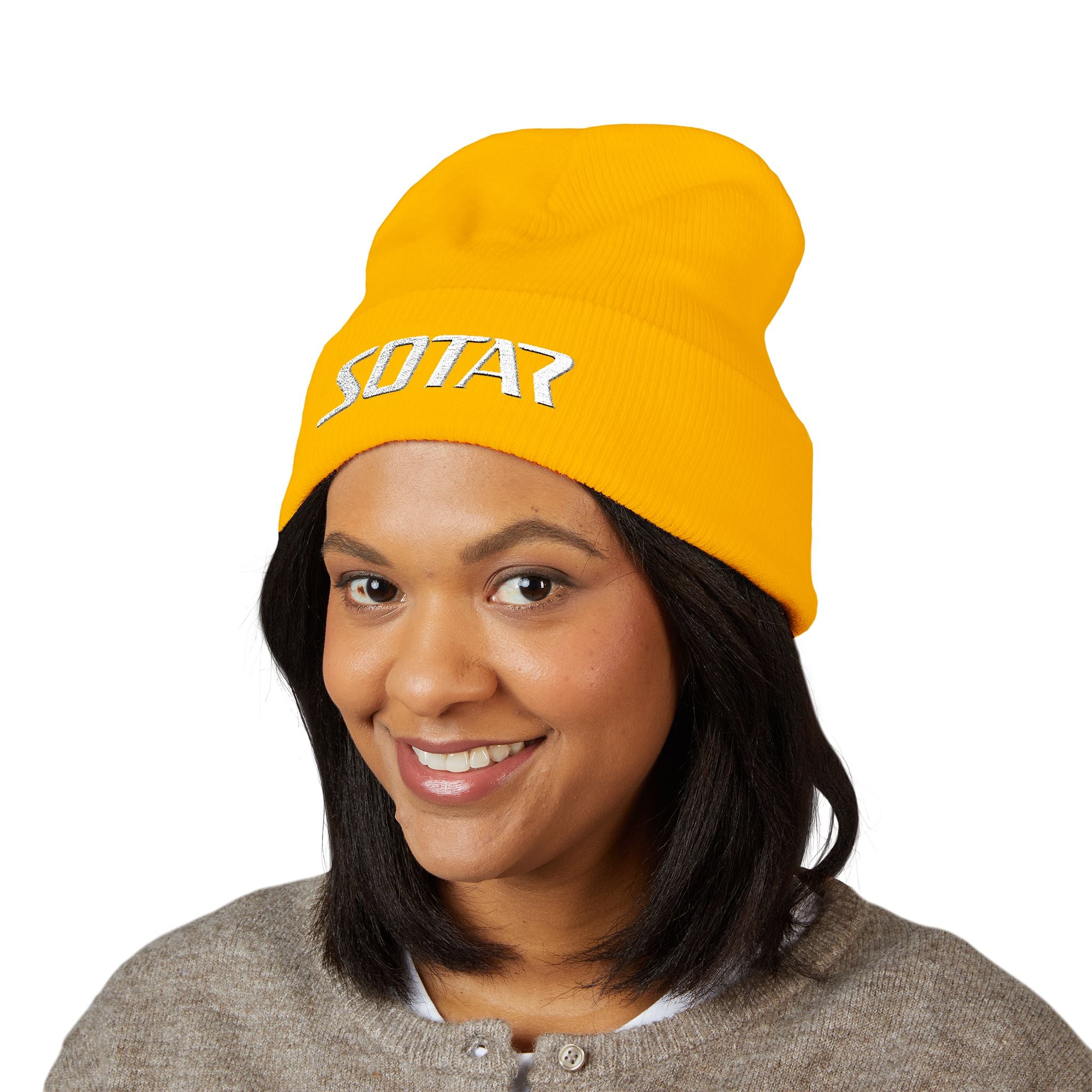 SOTAR White Logo Cuffed Beanie with Embroidery, Unisex Winter Hat