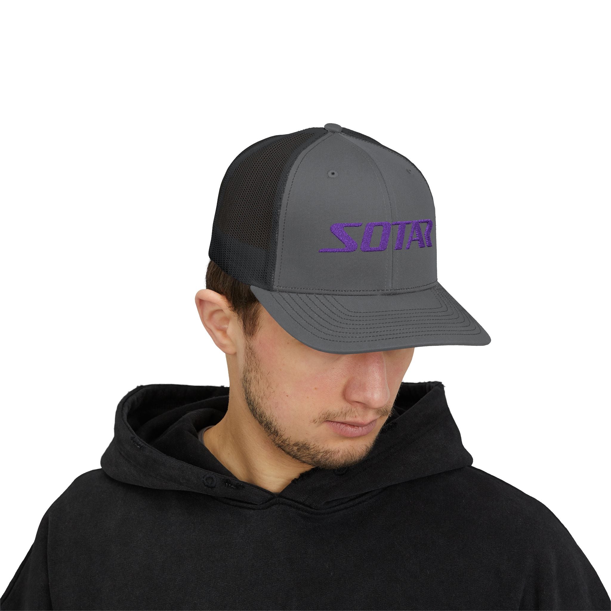 Snapback Trucker Cap - Purple Logo-Hats-Printify-Charcoal / Black-One size-SOTAR
