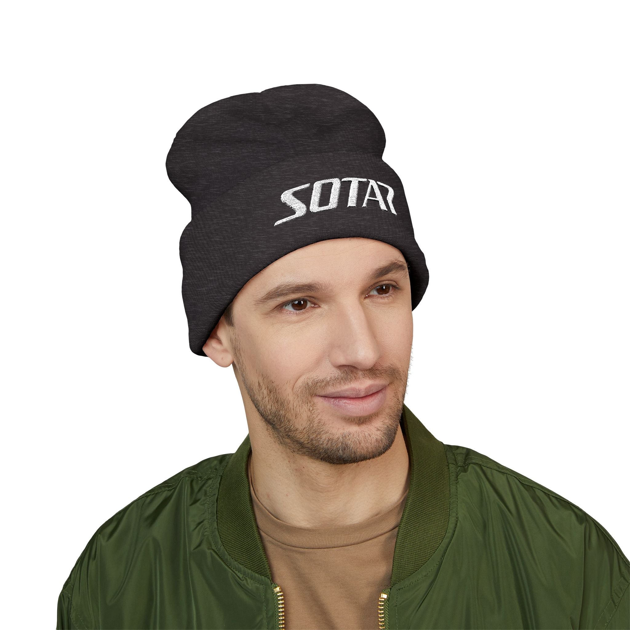 SOTAR White Logo Cuffed Beanie with Embroidery, Unisex Winter Hat