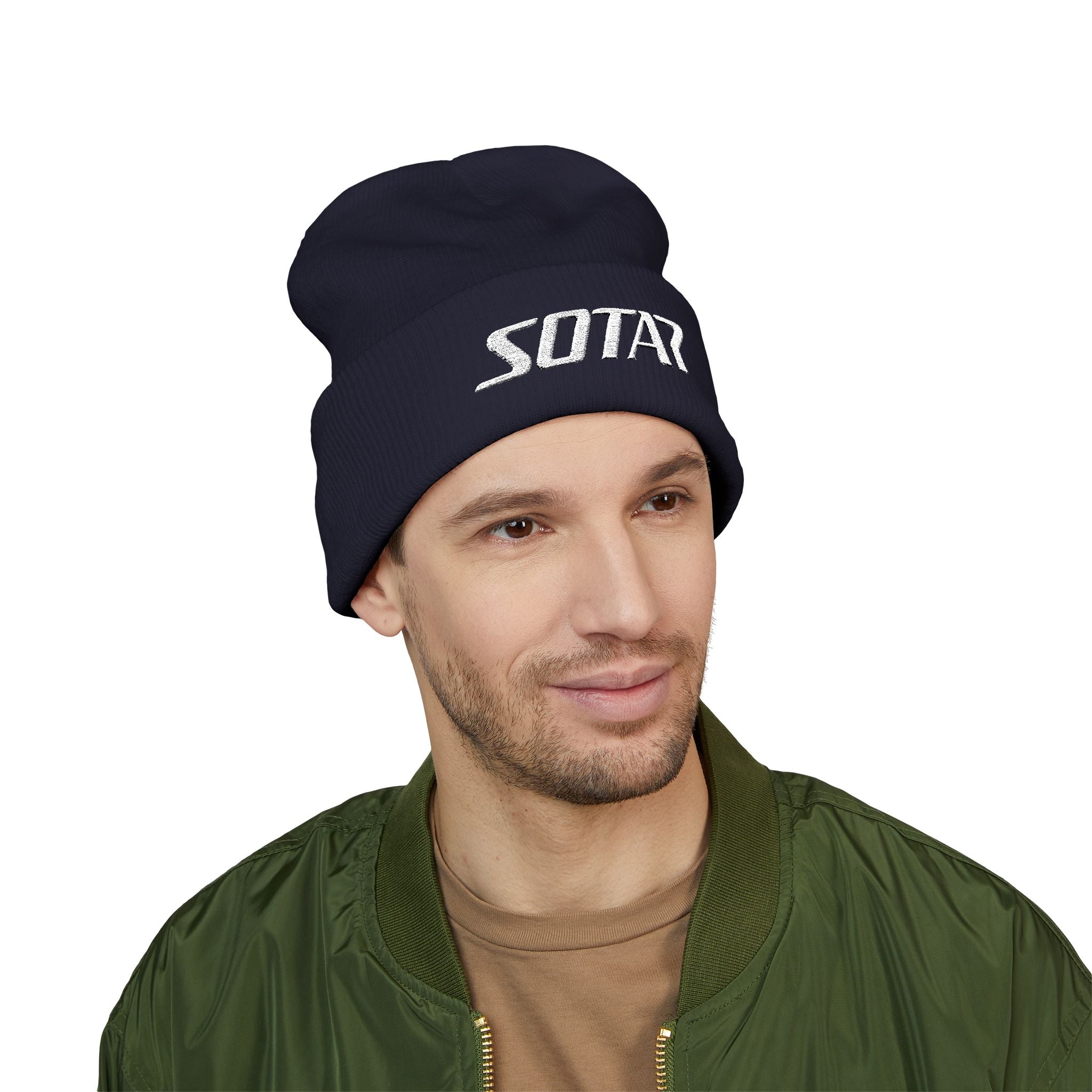 SOTAR White Logo Cuffed Beanie with Embroidery, Unisex Winter Hat