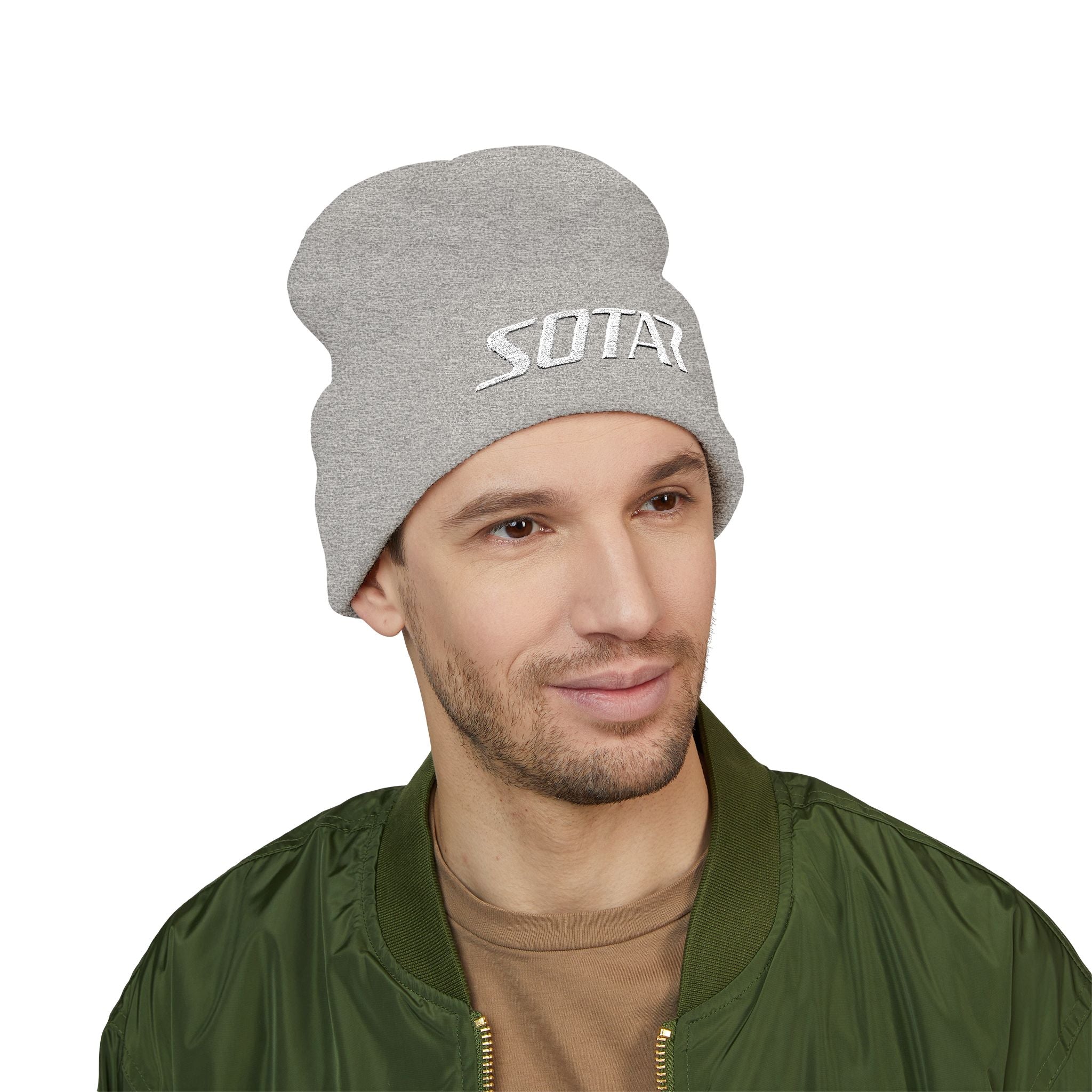 SOTAR White Logo Cuffed Beanie with Embroidery, Unisex Winter Hat