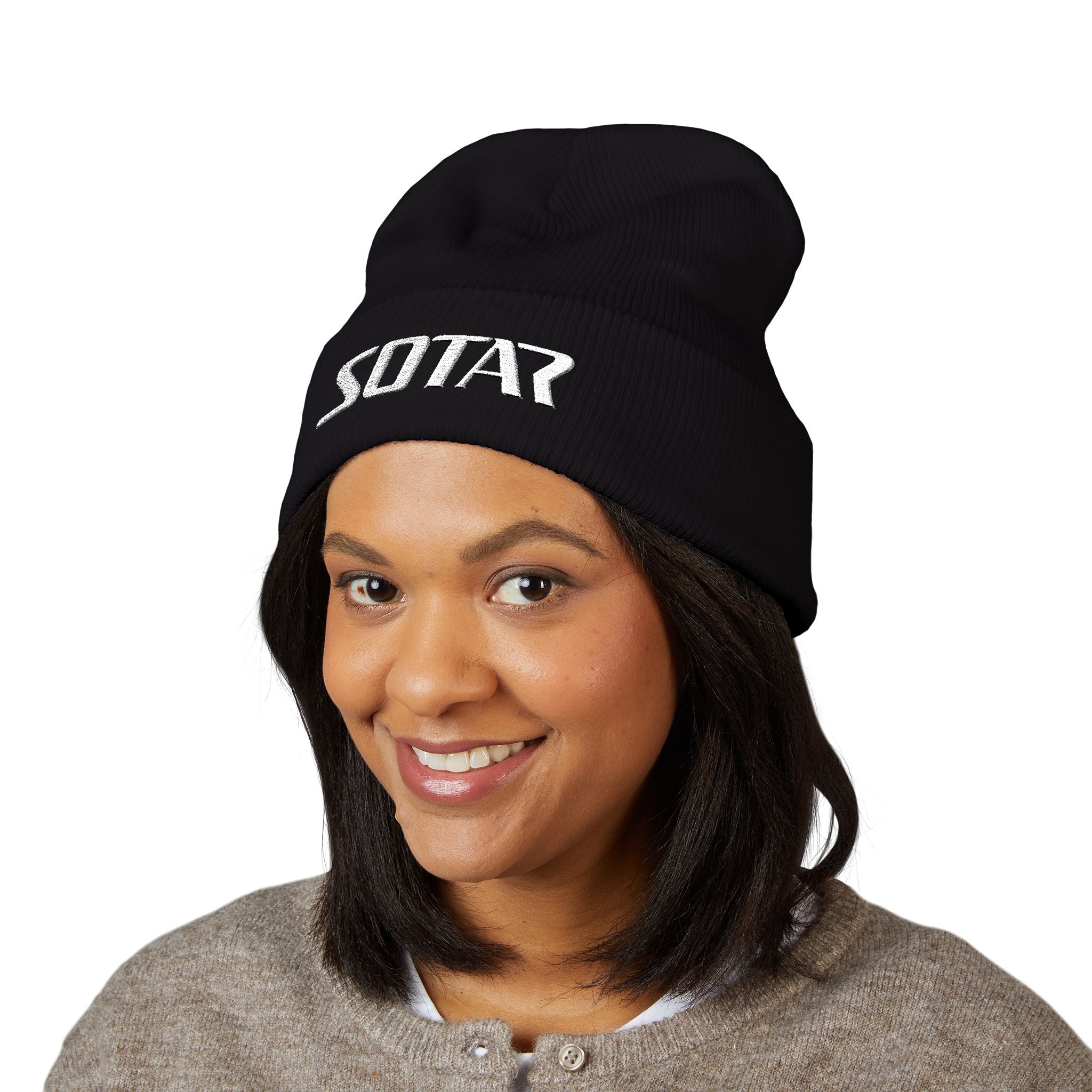SOTAR White Logo Cuffed Beanie with Embroidery, Unisex Winter Hat