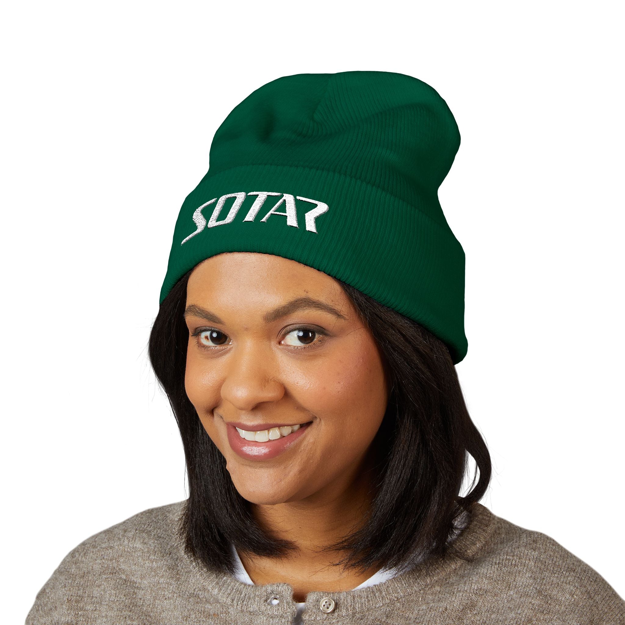 SOTAR White Logo Cuffed Beanie with Embroidery, Unisex Winter Hat