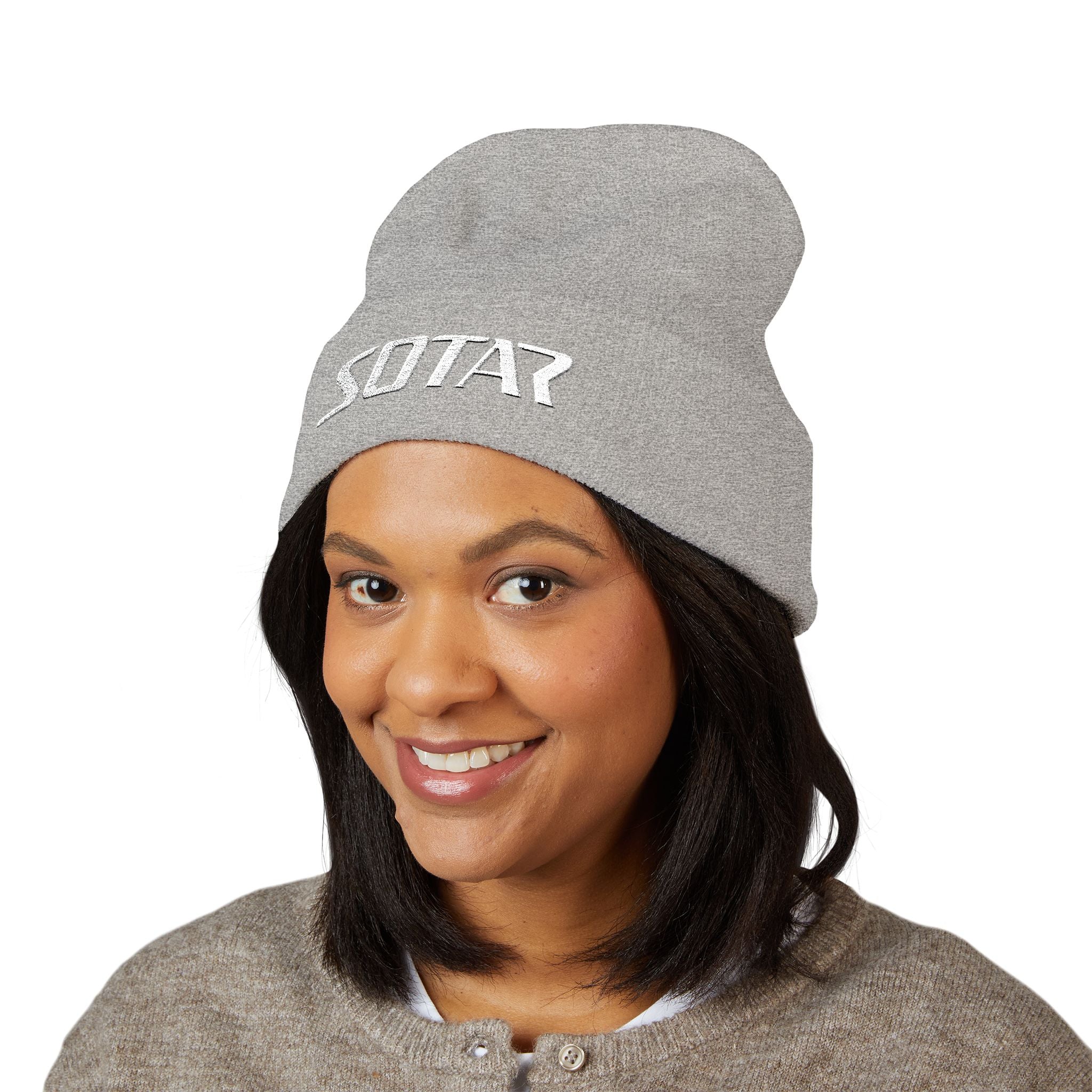 SOTAR White Logo Cuffed Beanie with Embroidery, Unisex Winter Hat