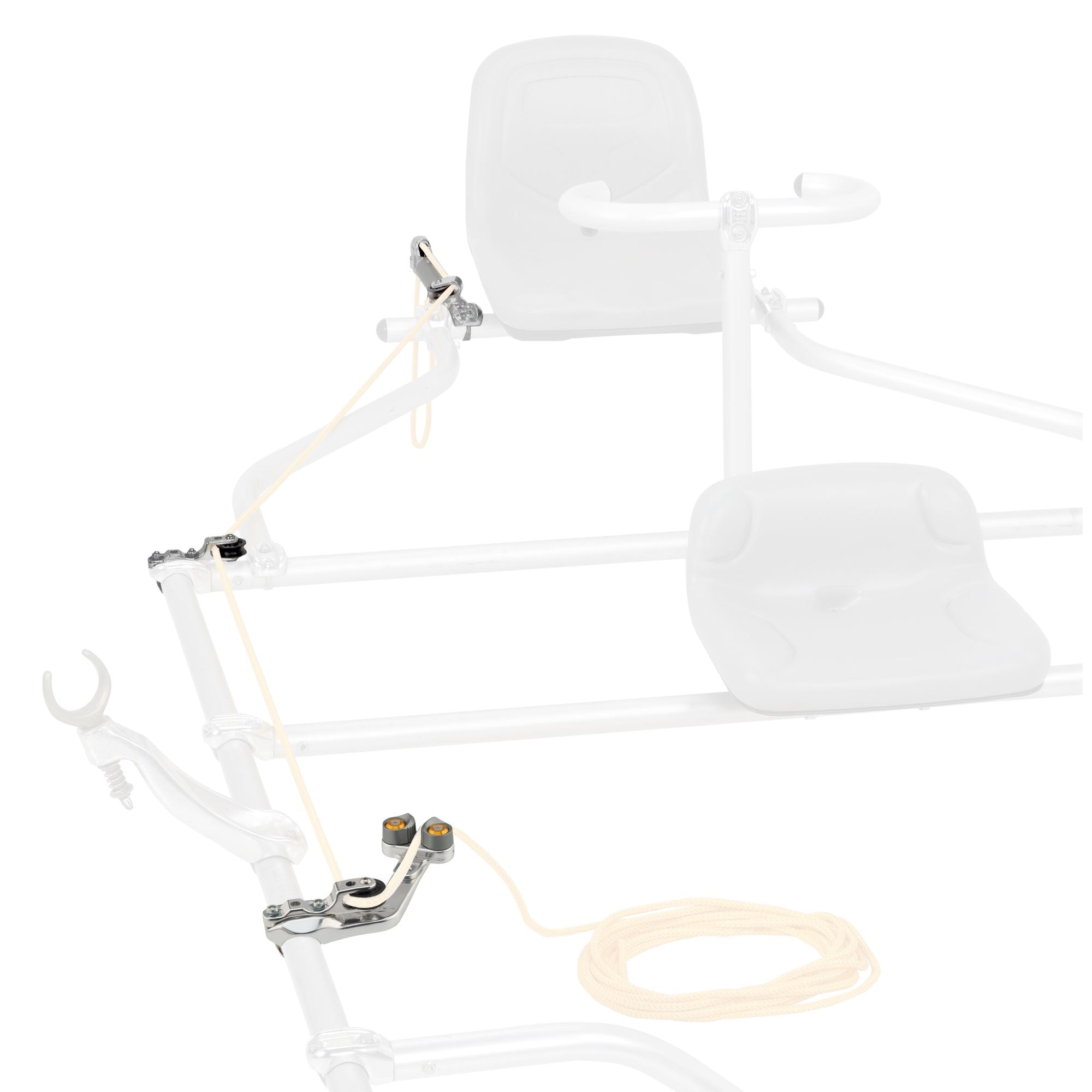 White boat seat with integrated headrest and armrests, mounted on a white metal frame with a coiled beige cable and small metal hardware, shown on a plain white background.