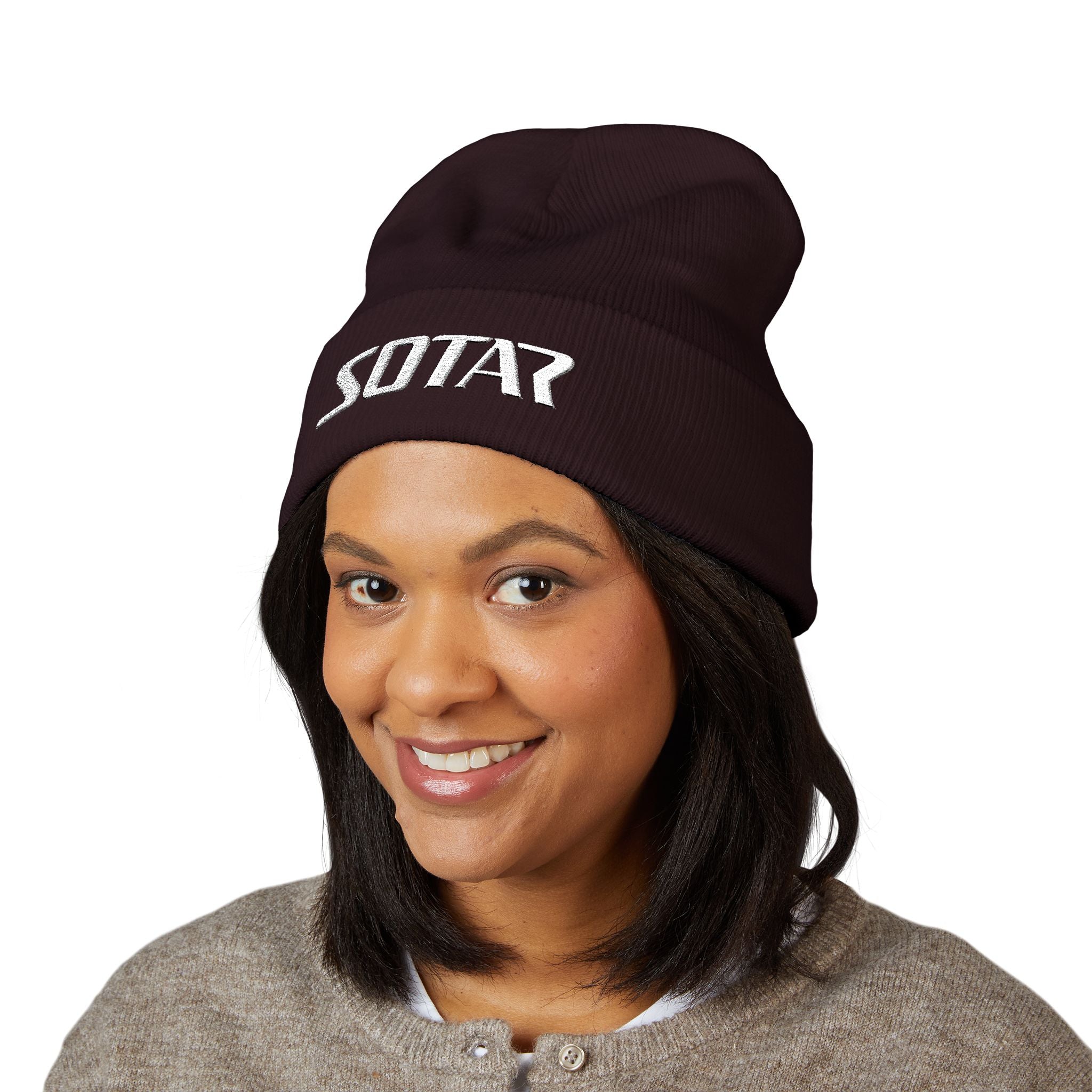 SOTAR White Logo Cuffed Beanie with Embroidery, Unisex Winter Hat