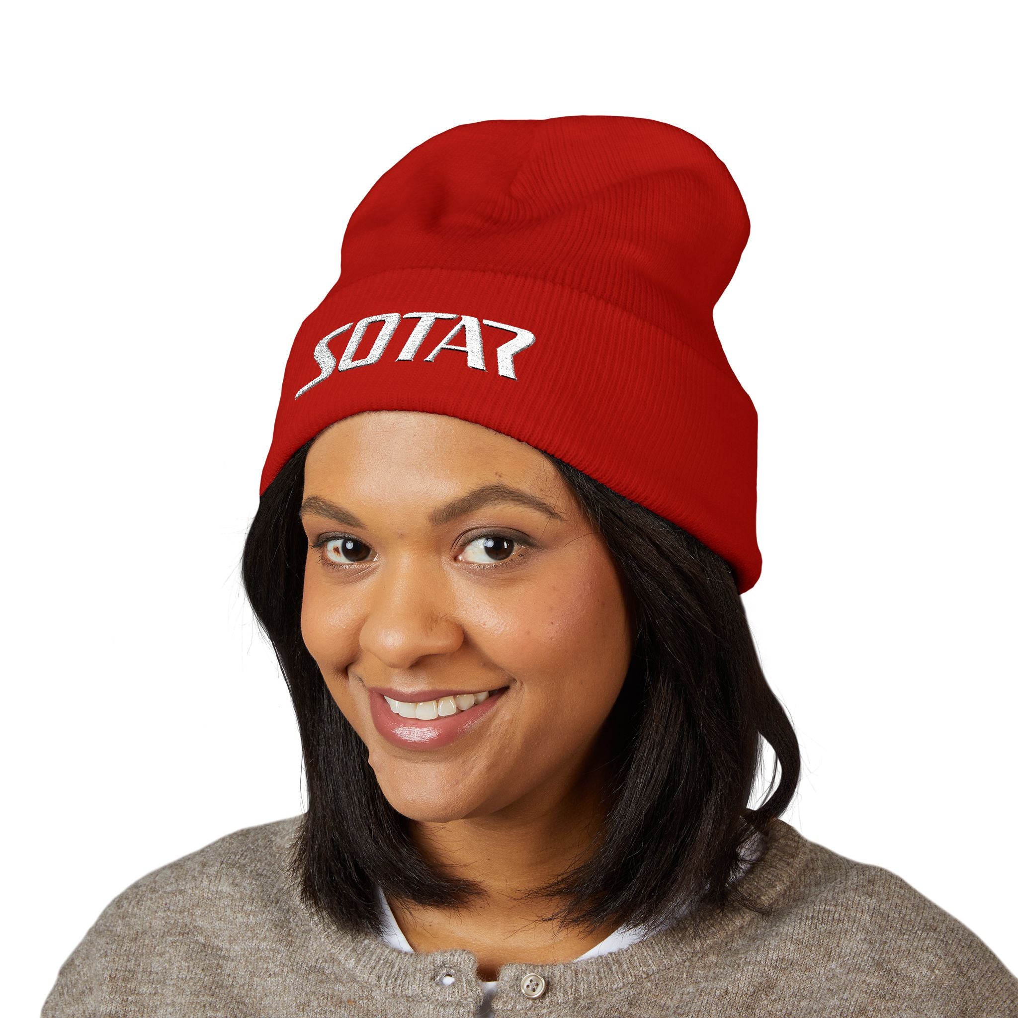 SOTAR White Logo Cuffed Beanie with Embroidery, Unisex Winter Hat