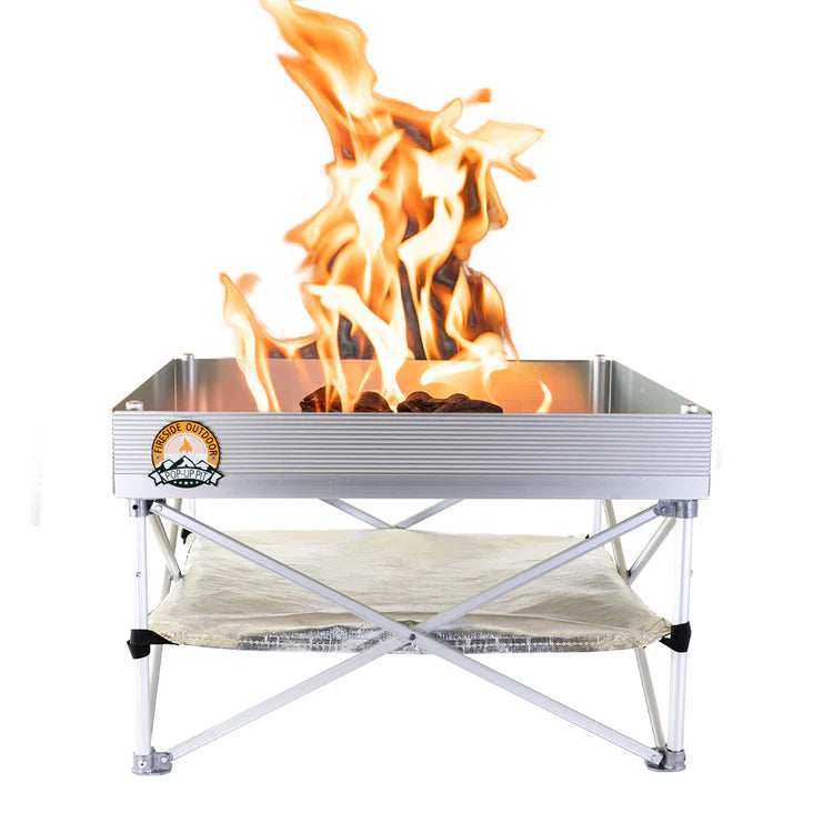 Portable fire pit with flames on a white background