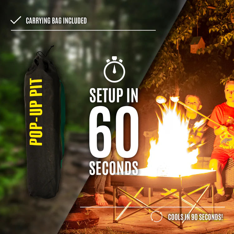 Pop-up pit with carrying bag included, shown with children around a fire pit.
