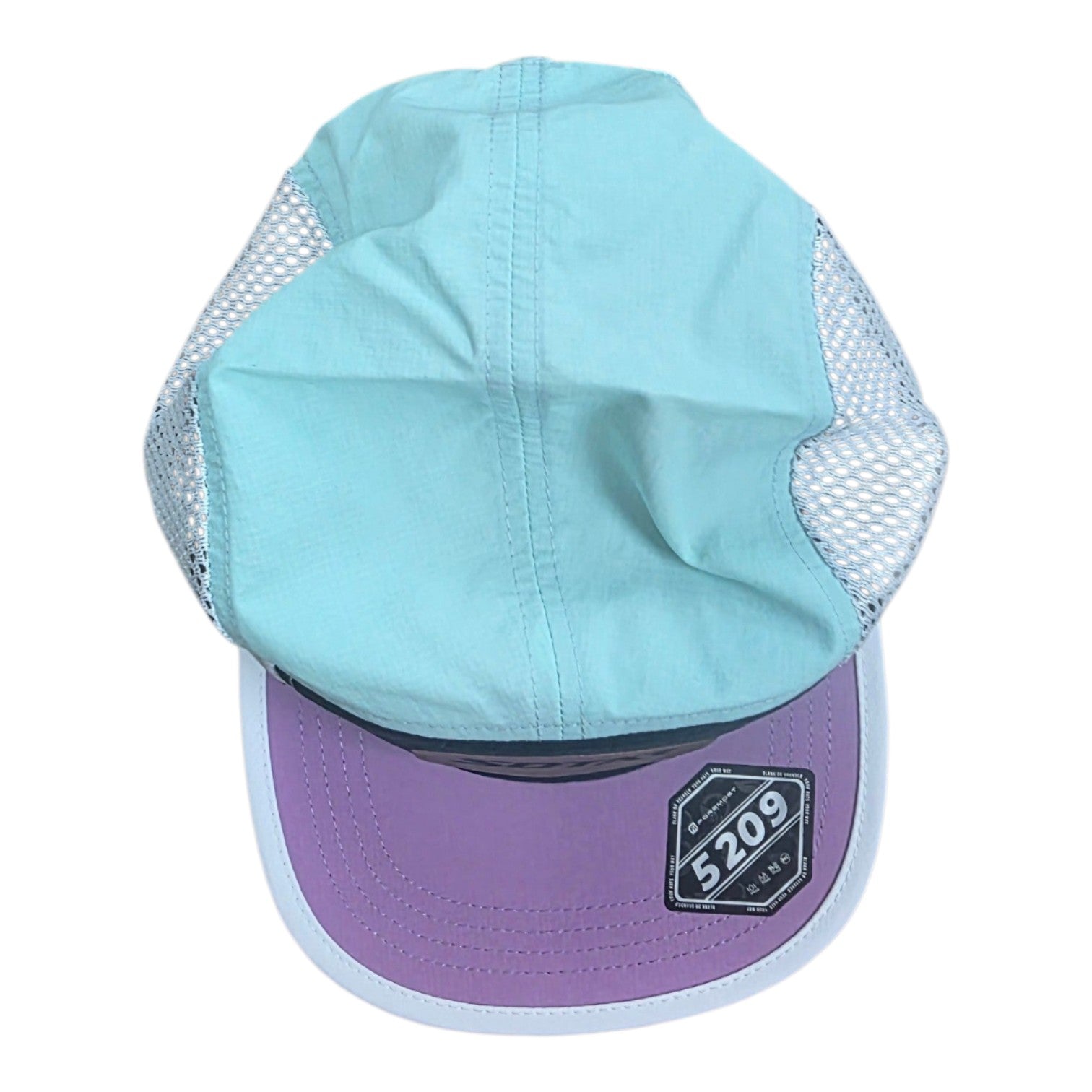 SOTAR five-panel performance hat in light blue and purple with white mesh side panels and a branded leather patch.