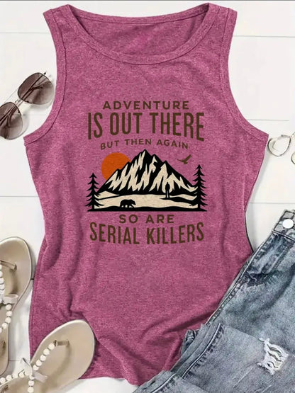 Pink tank top with graphic design and text on a white background: mountains, bears, and trees outdoors. serial killer shirt 