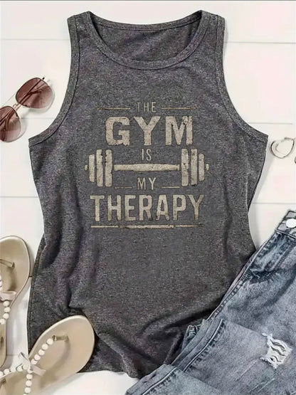 Gray tank top with 'The Gym is My Therapy' text and barbell graphic on a white background.