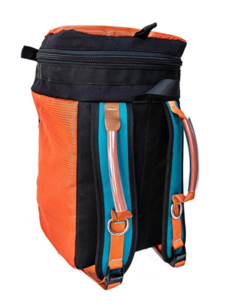 Orange and black storage backpack bag with blue accents on a white background