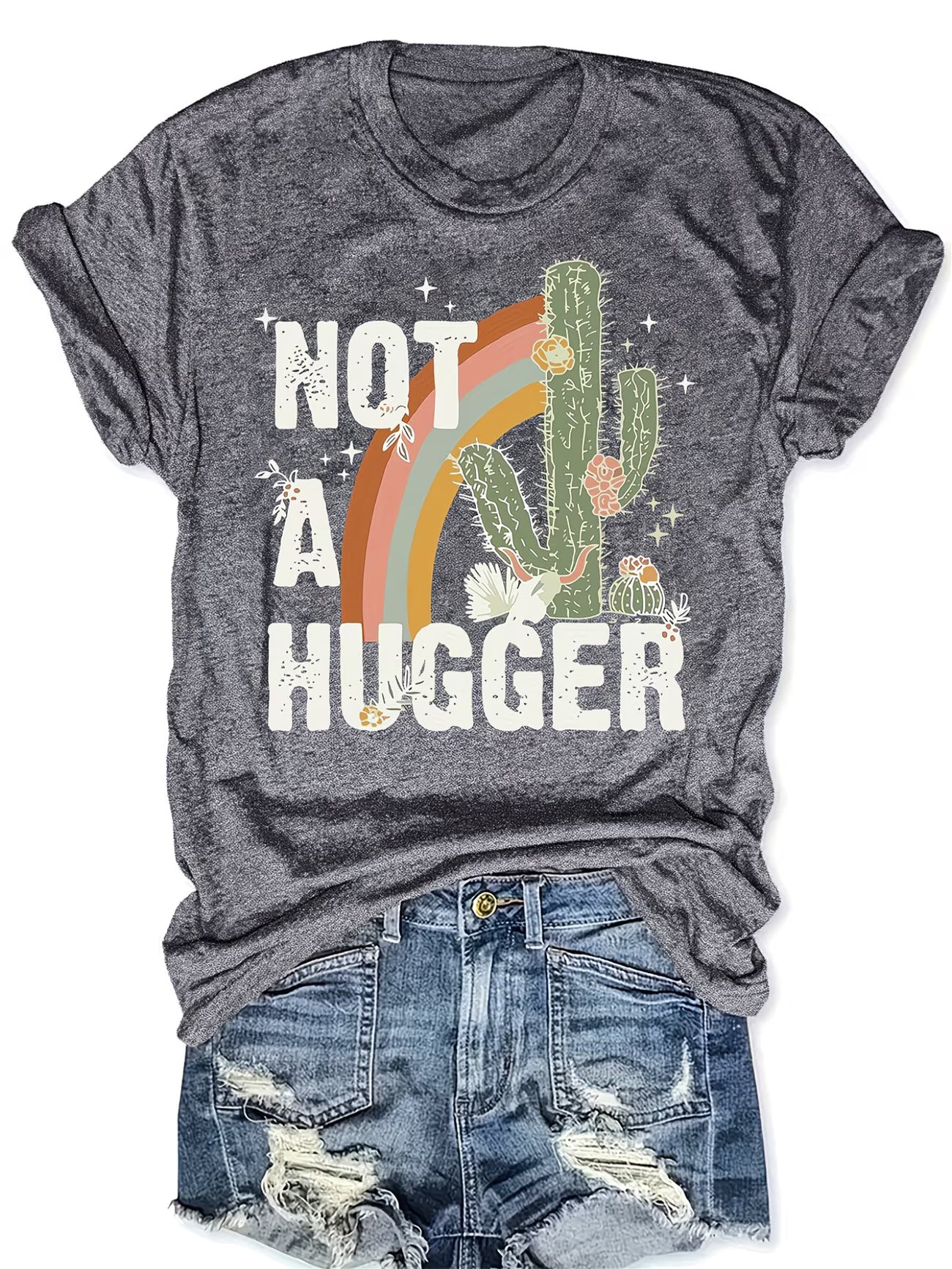 Gray t-shirt with a cactus and rainbow graphic and 'Not a Hugger' text, paired with denim shorts on a white background.