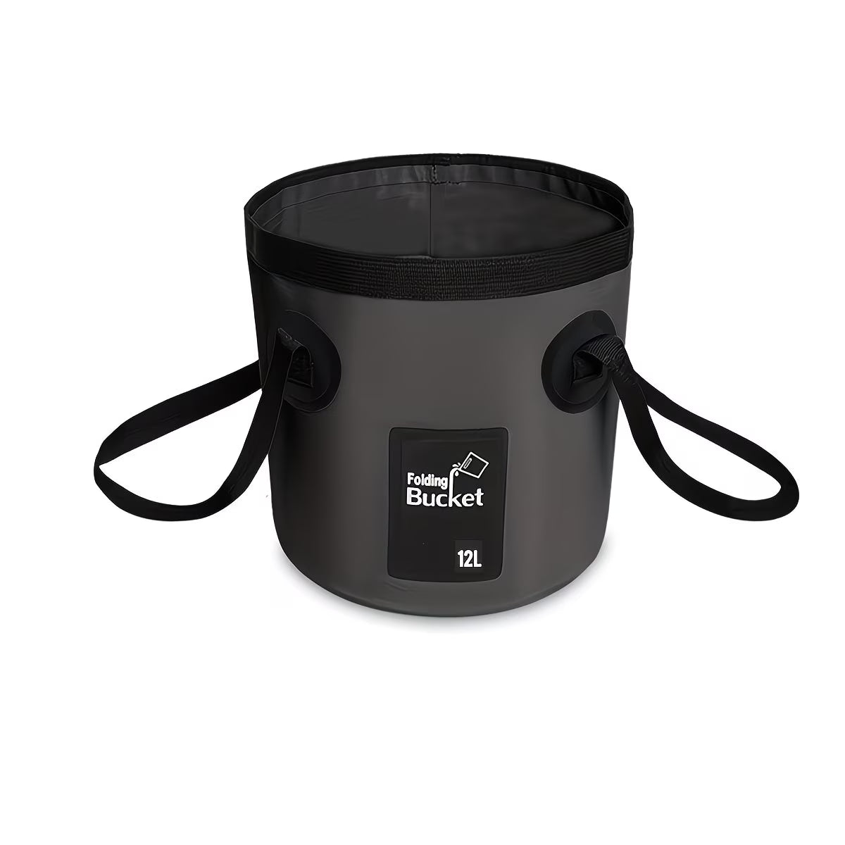 Black folding bucket with straps on a white background
