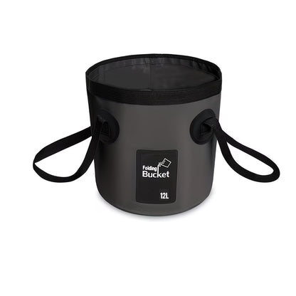 Black folding bucket with straps on a white background