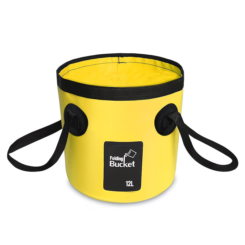 Yellow folding bucket with black handles and a visible brand logo on a white background, beach