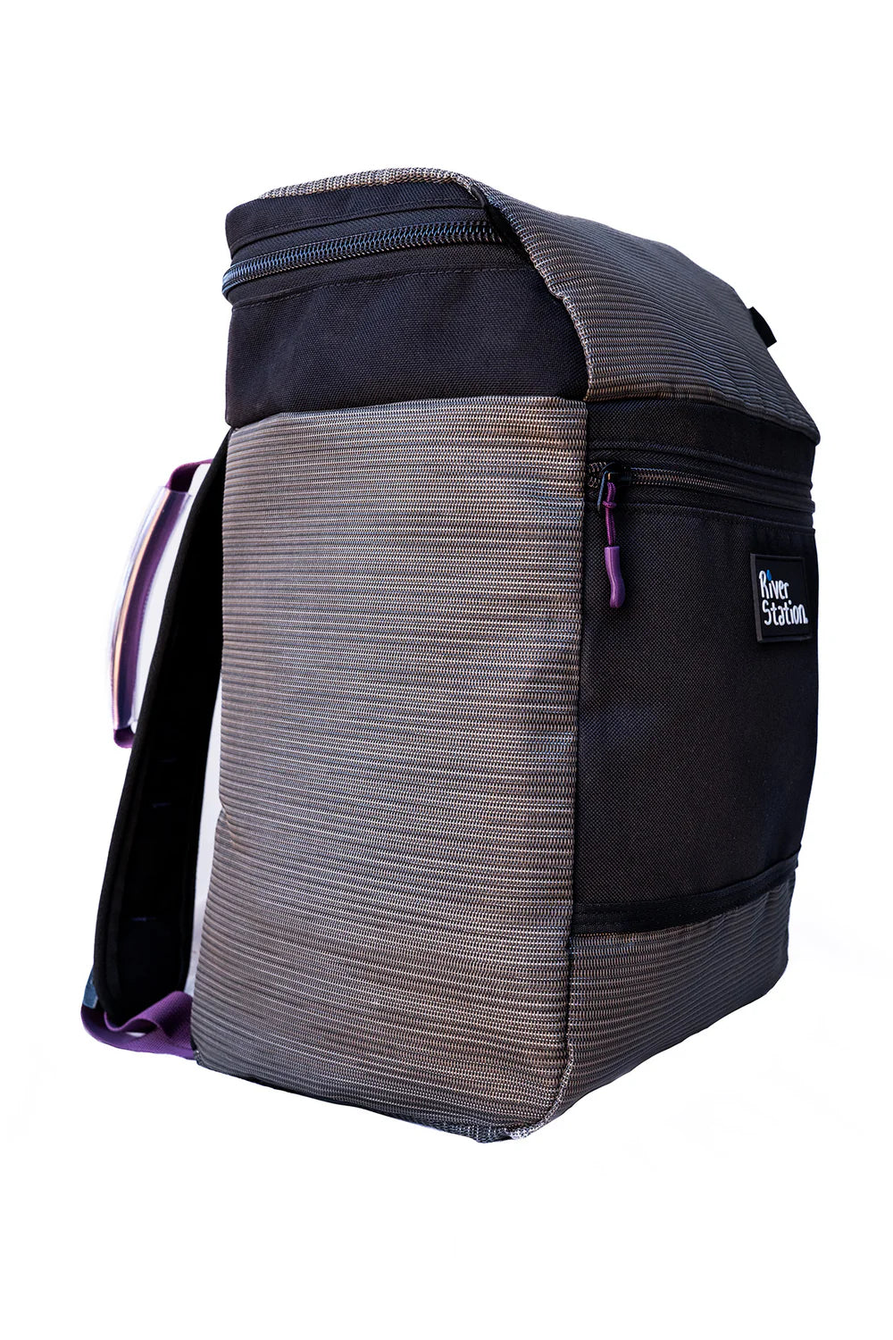 Black and gray backpack with purple accents on a white background