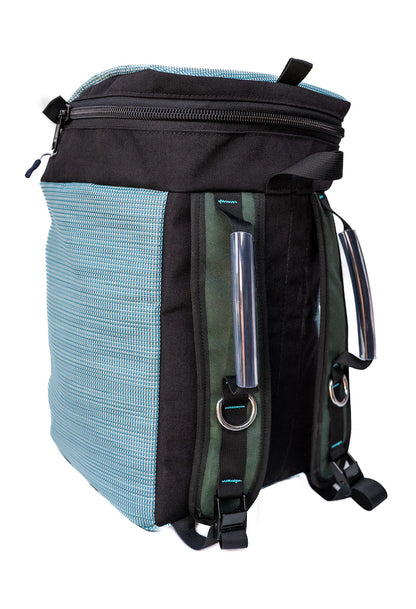 Backpack with blue and black design on a white background