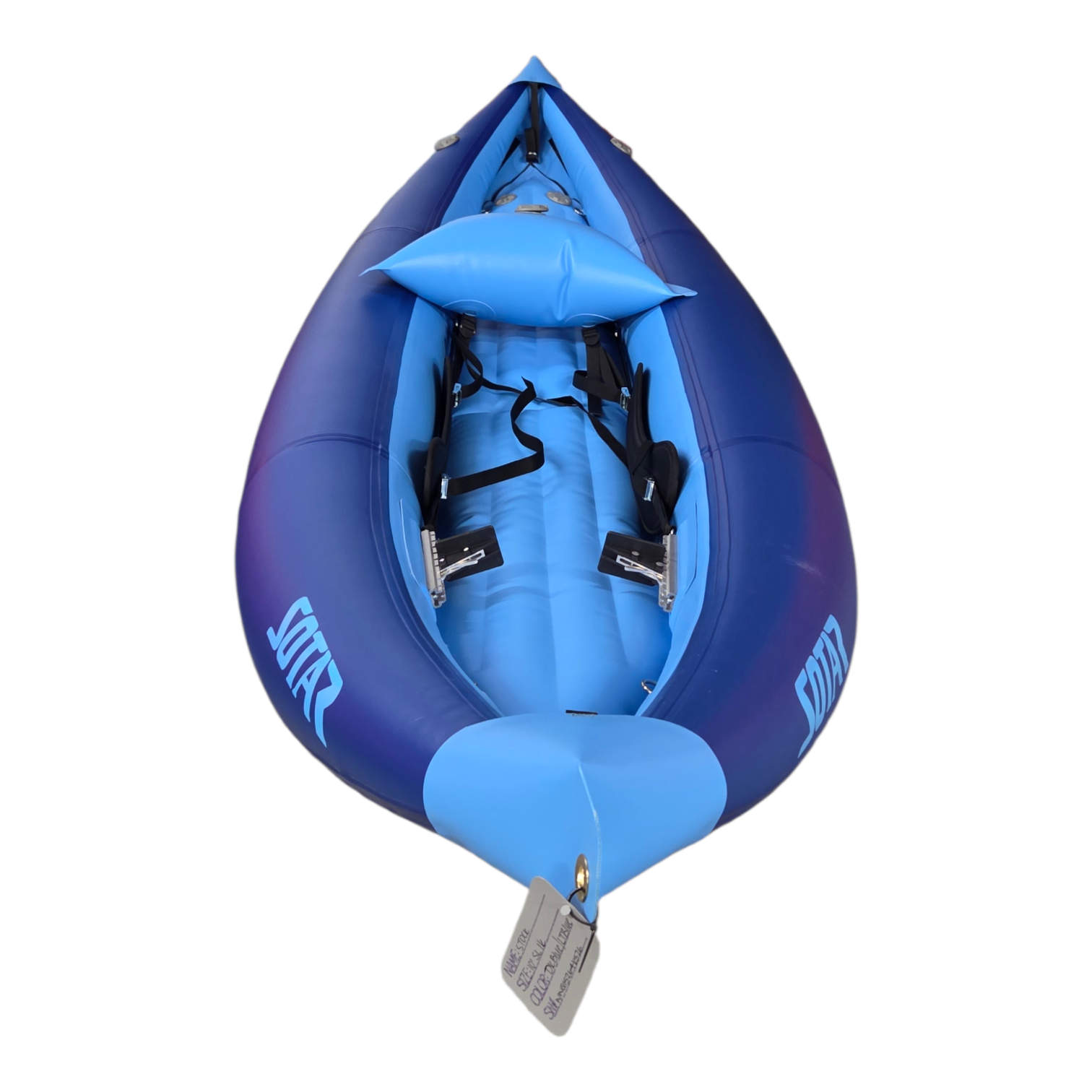 Blue inflatable kayak with seat and straps on a white background