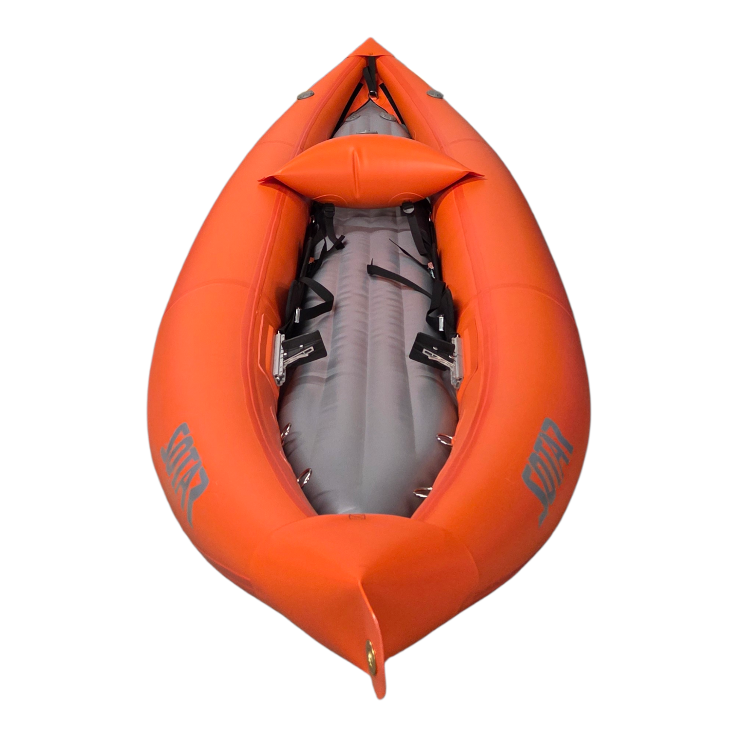 Orange inflatable kayak with gray interior on a white background