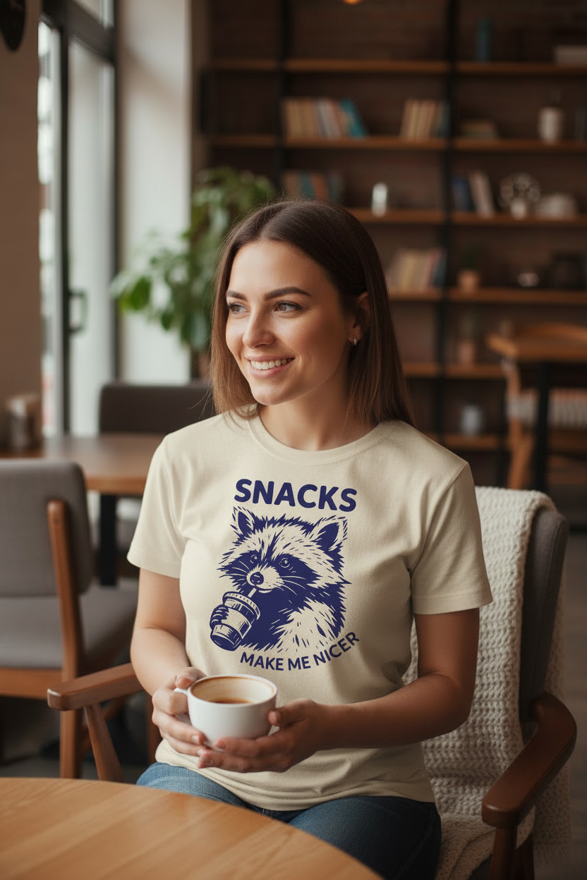 "Snacks Make Me Nicer" Women's Funny T-Shirt