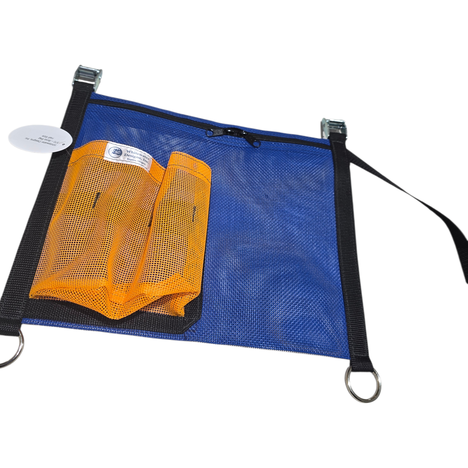 Blue mesh bag with orange pouches and black straps on a white background