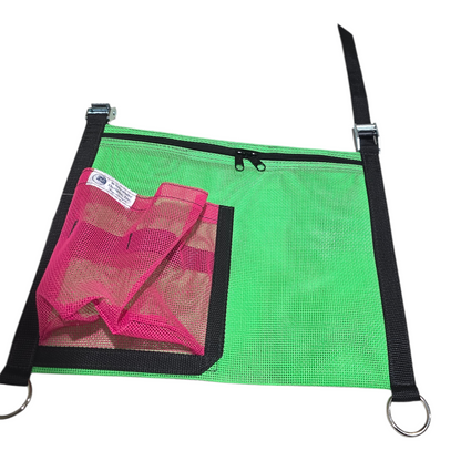 Green mesh bag with pink mesh pocket on a white background