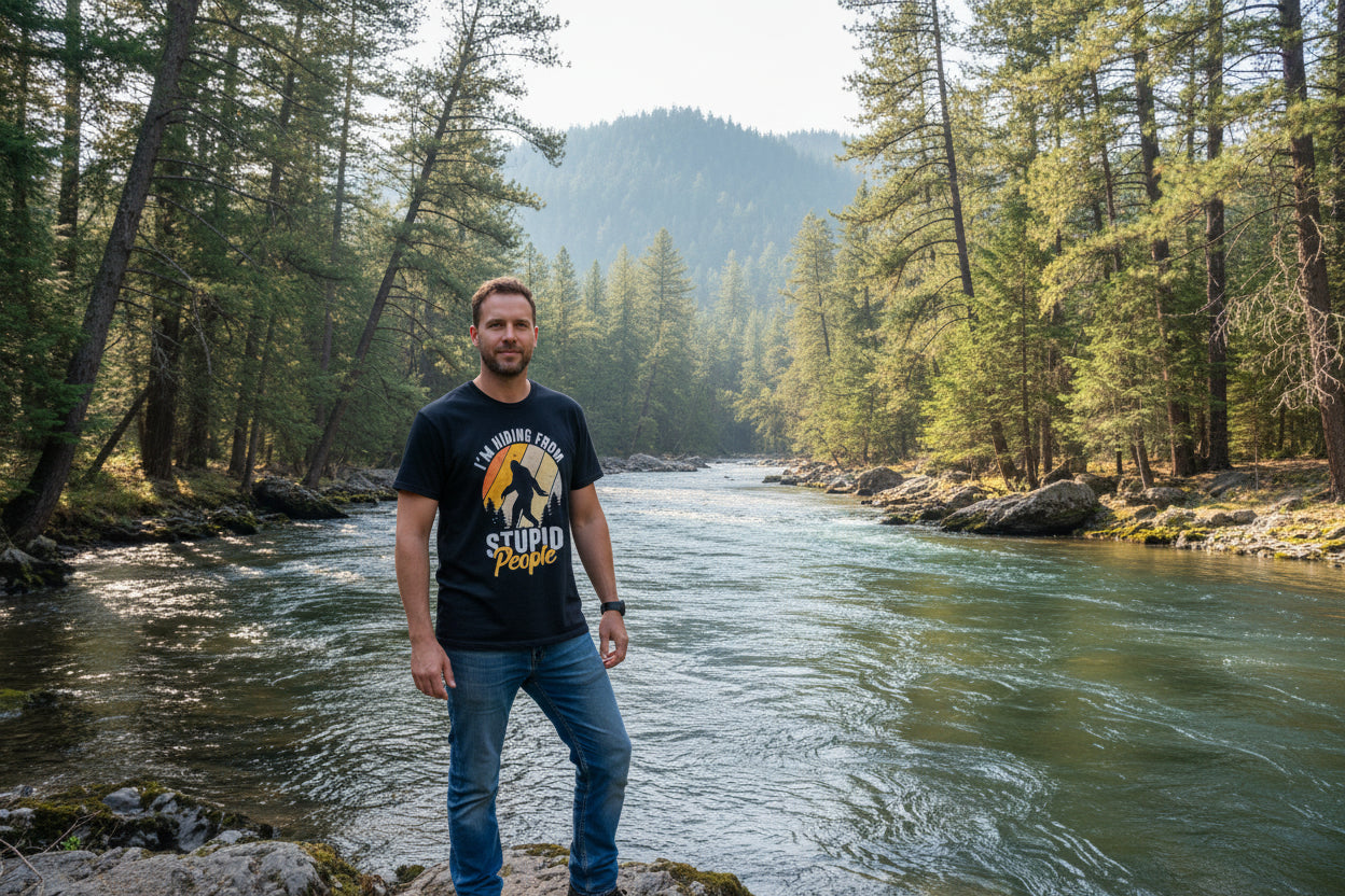 Man standing by a river with trees and mountains in the background