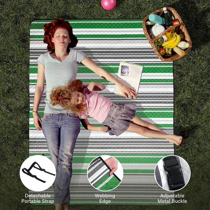 Large Picnic Blanket Outdoor 80”x60” Waterproof Picnic Mat Foldable 3-Layer Camping Blanket Portable with Carry Park Blanket for Grass(Green)