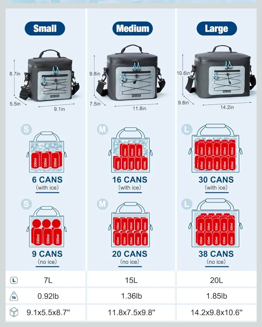 Cooler Bag, 7/16/30 Can Soft Sided Small Portable Insulated Cooling Pack, Everyday Lunch Cooler, Leakproof Ice Chest for Beach, Camping, Travel, Picnic