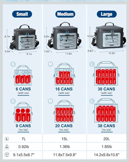 Cooler Bag, 7/16/30 Can Soft Sided Small Portable Insulated Cooling Pack, Everyday Lunch Cooler, Leakproof Ice Chest for Beach, Camping, Travel, Picnic