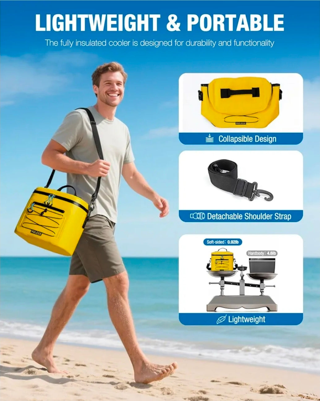 Cooler Bag, 7/16/30 Can Soft Sided Small Portable Insulated Cooling Pack, Everyday Lunch Cooler, Leakproof Ice Chest for Beach, Camping, Travel, Picnic