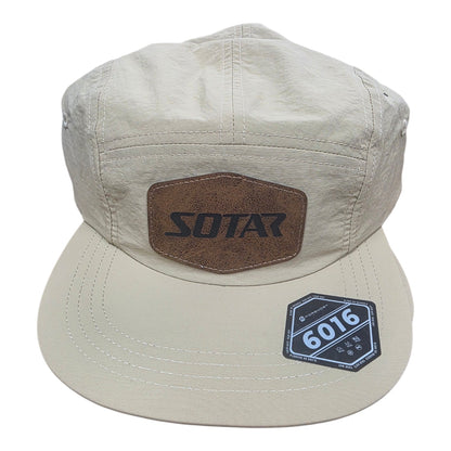 SOTAR beige five-panel nylon performance camper hat with a brown faux-leather logo patch on the front