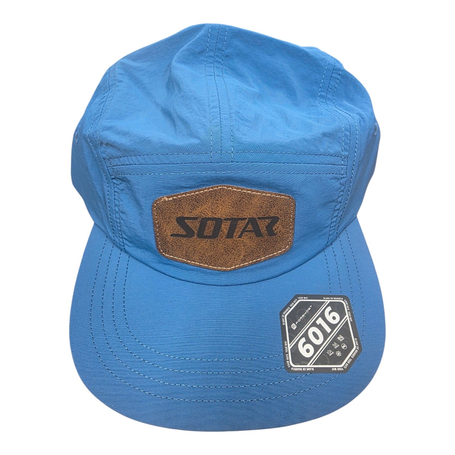 SOTAR blue five-panel nylon performance camper hat with a brown faux-leather logo patch on the front