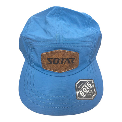 SOTAR blue five-panel nylon performance camper hat with a brown faux-leather logo patch on the front