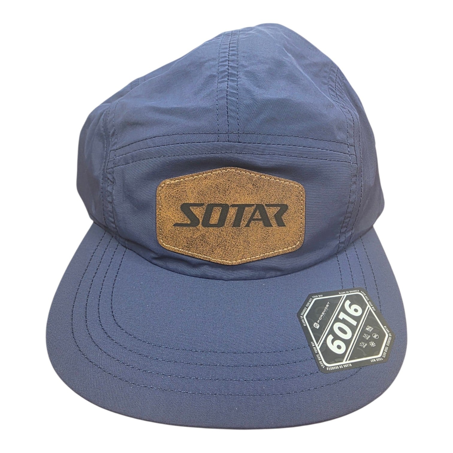 SOTAR blue five-panel performance camper hat with a textured faux-leather logo patch and adjustable strap.
