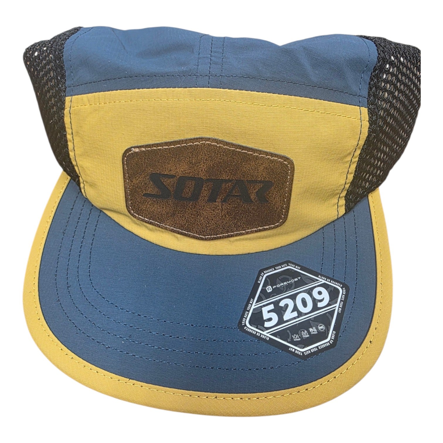 SOTAR five-panel performance hat in blue and gold with black mesh back and leather-style logo patch