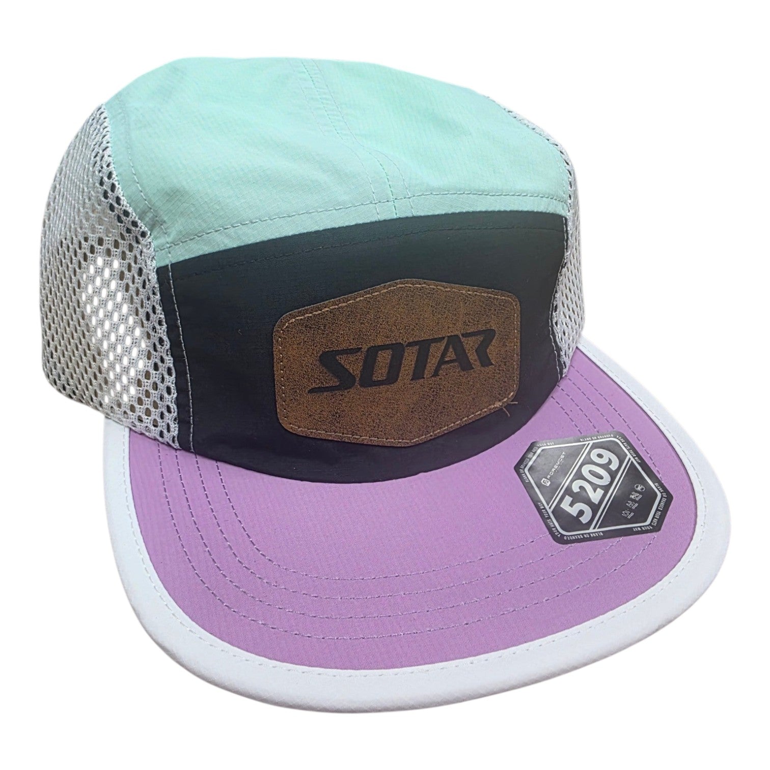 SOTAR five-panel performance hat with mint green crown, black front panel, purple brim, and white mesh side panels.