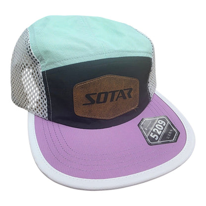 SOTAR five-panel performance hat with mint green crown, black front panel, purple brim, and white mesh side panels.