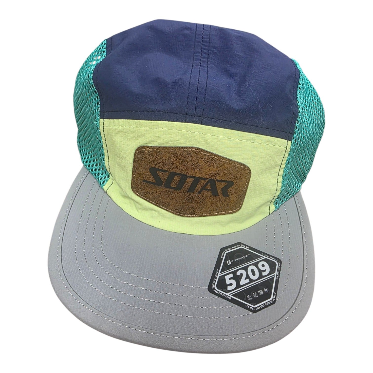 SOTAR five-panel performance hat with blue, lime green, and grey panels, mesh sides, and a leather logo patch.
