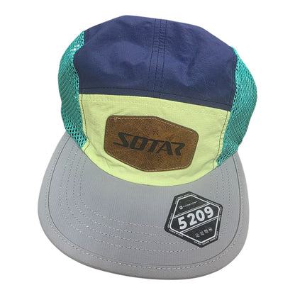 SOTAR five-panel performance hat with blue, lime green, and grey panels, mesh sides, and a leather logo patch.