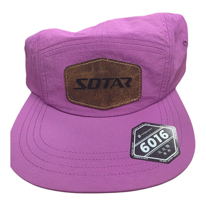 SOTAR five-panel performance hat in vibrant purple nylon with a brown faux-leather logo patch on the front.