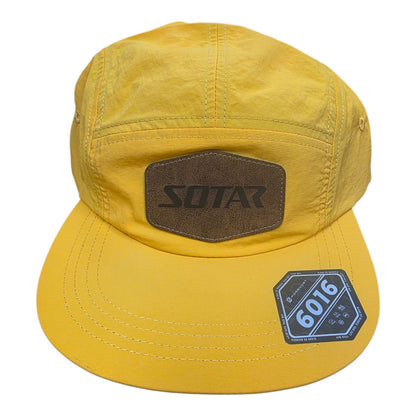 SOTAR yellow five-panel performance camper hat with a brown faux-leather logo patch and water-resistant fabric.